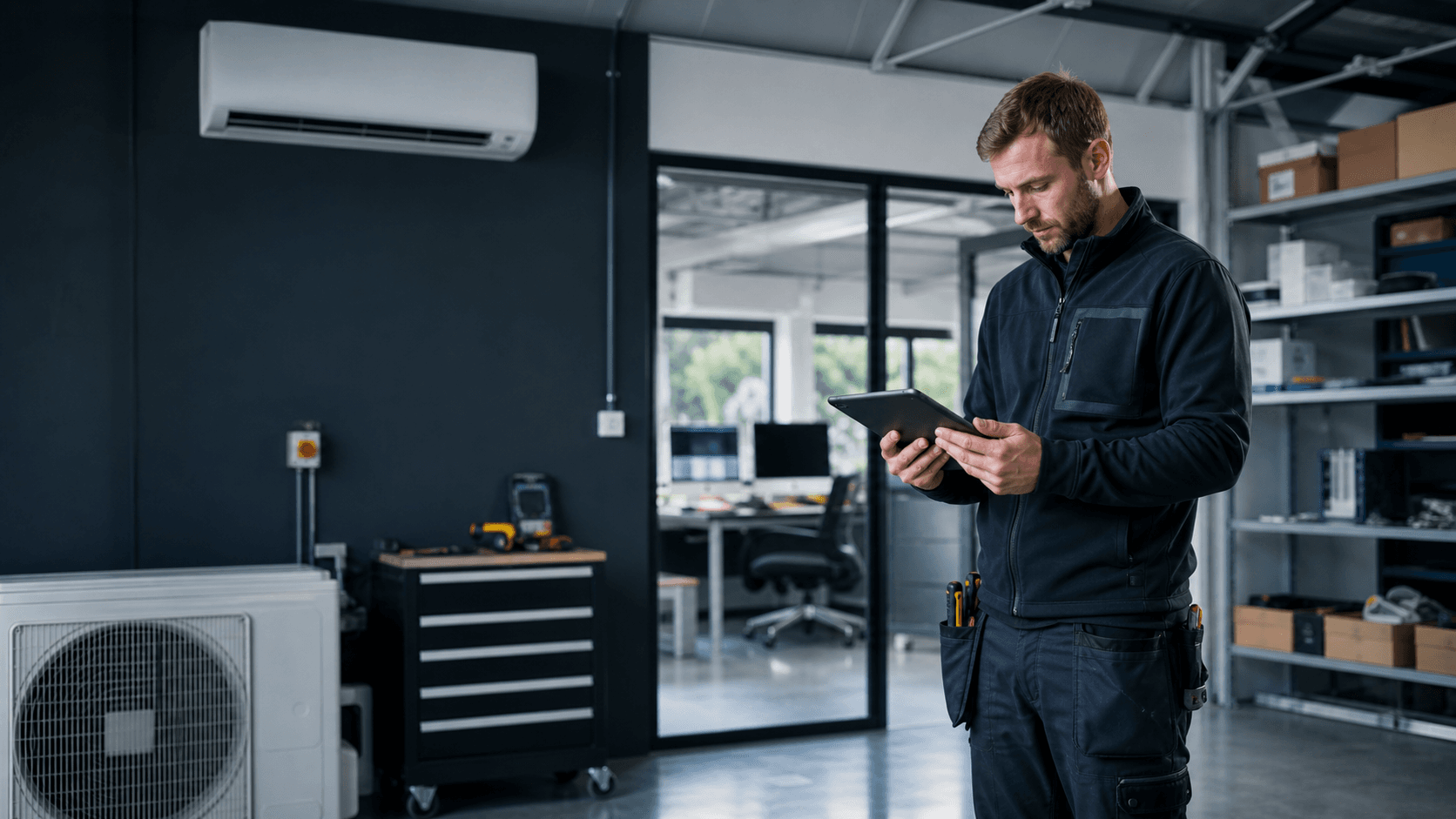 HVAC engineer using Helix in a modern operations workshop